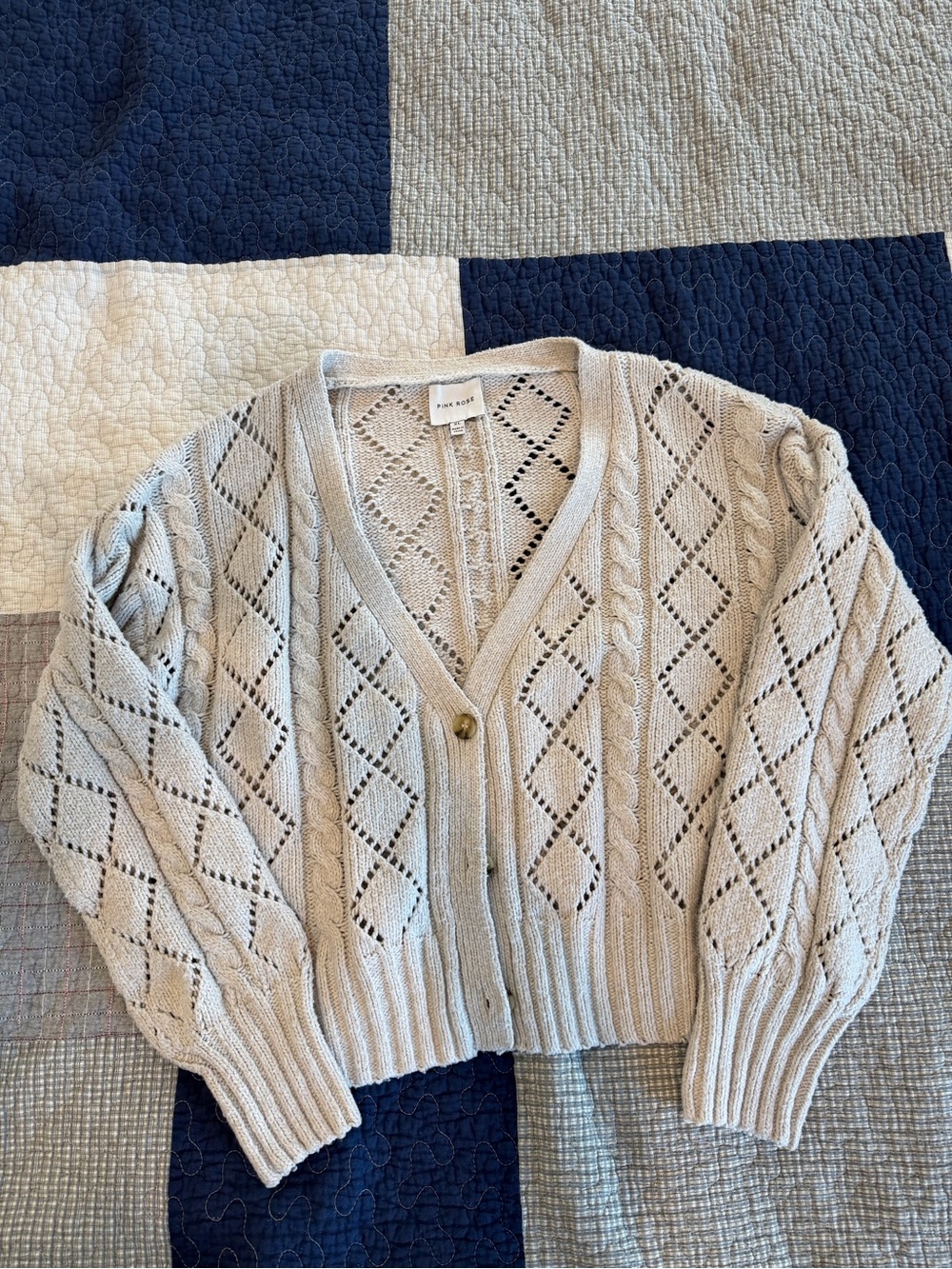 Pink Rose Cream Diamond Eyelet Cable V-Neck Cardigan
